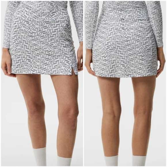J. Lindeberg New Amelie White Black Bridge Swirl Logo Golf Mid Skirt SZ Large